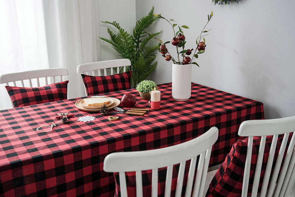 Окрашенная льняная хлопковая Скатерть прямоугольная в красную и черную клетку, покрытие для обеденного стола, рождественские украшения для дома