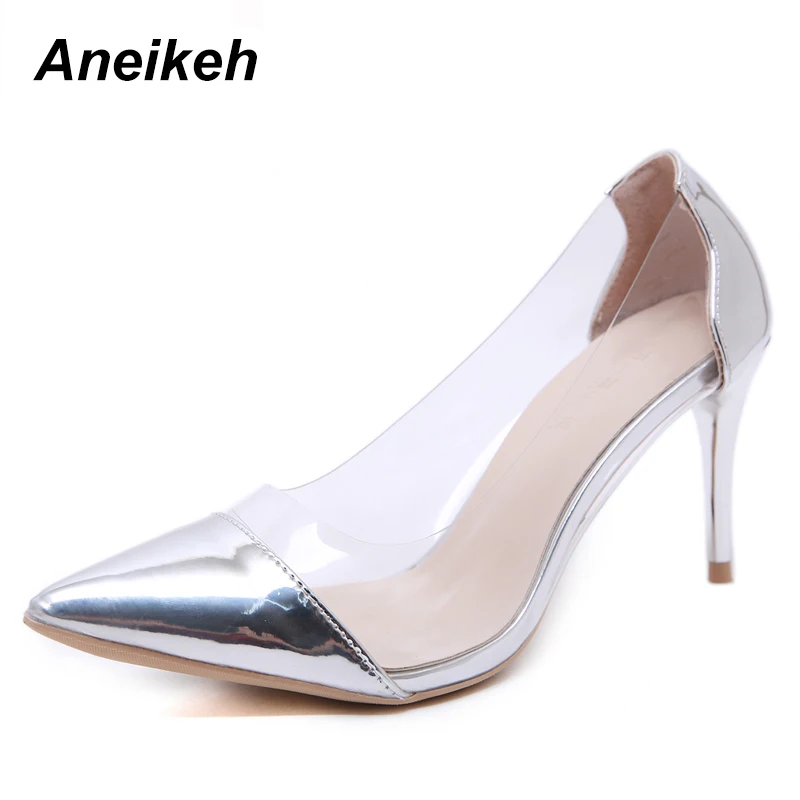 

Aneikeh Fashion Sexy PVC Women Heeled Sandals Sequins High Heels 8.5CM Peep Toe OL Dress Lady Thin High Heel Pumps Sandals Shoes