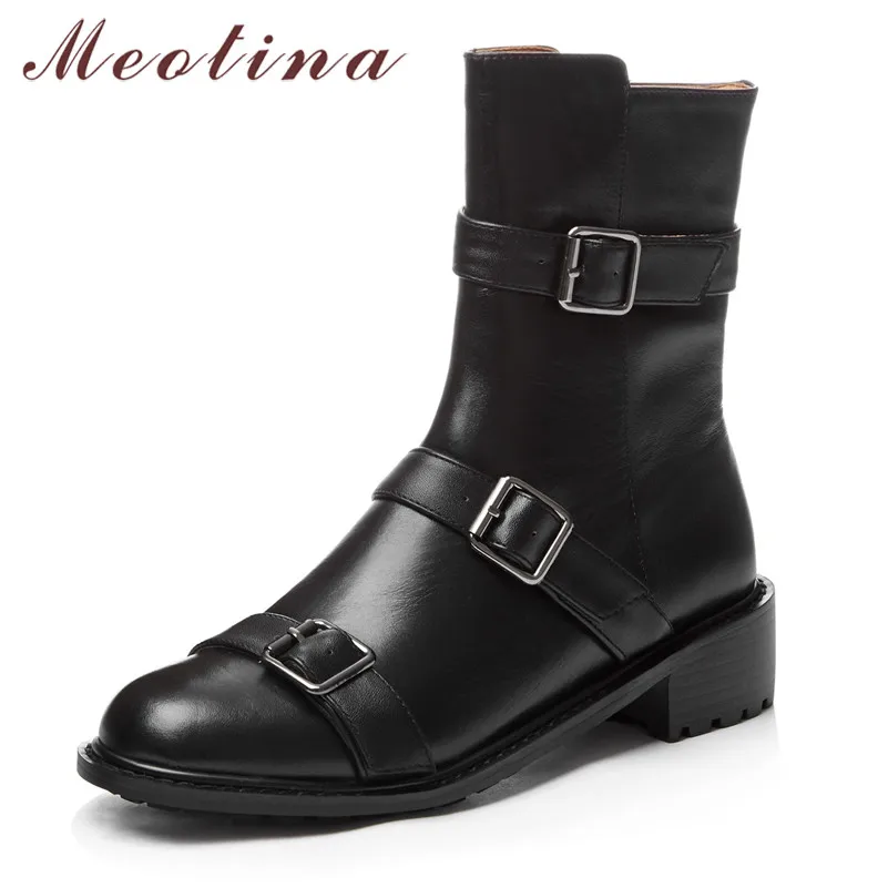 

Meotina Winter Ankle Boots Women Natural Genuine Leather Block Heel Short Boots Buckle Zipper Round Toe Shoes Lady Autumn 34-39