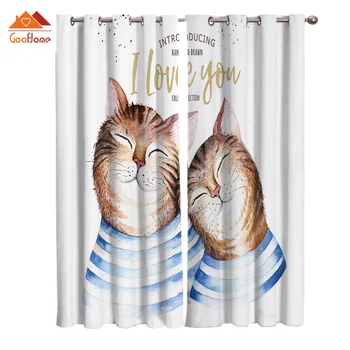 

Lovers Cat Cartoon Window Curtains Living Room Outdoor Fabric Drapes Curtain Home Decor