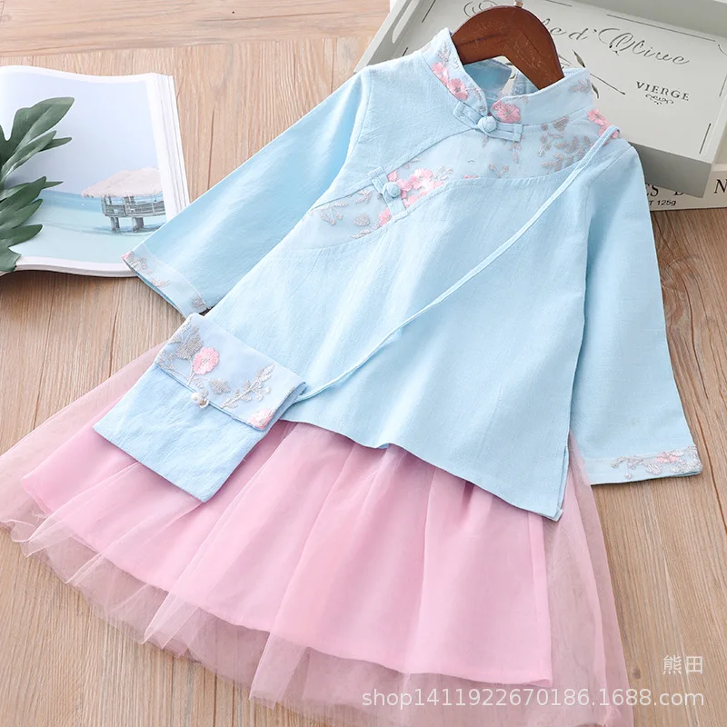 Комплект одежды в китайском стиле для девочек; детская куртка в стиле ретро; юбка; коллекция года; осенний комплект из двух предметов с сумочкой; Улучшенный этнический стиль