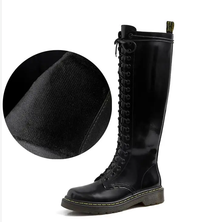 Buono Scarpe/высокие кожаные сапоги; женские сапоги до колена из натуральной кожи с круглым носком; женская обувь с перекрестной шнуровкой; Цвет Черный; Женская обувь в байкерском стиле - Цвет: bright plush in