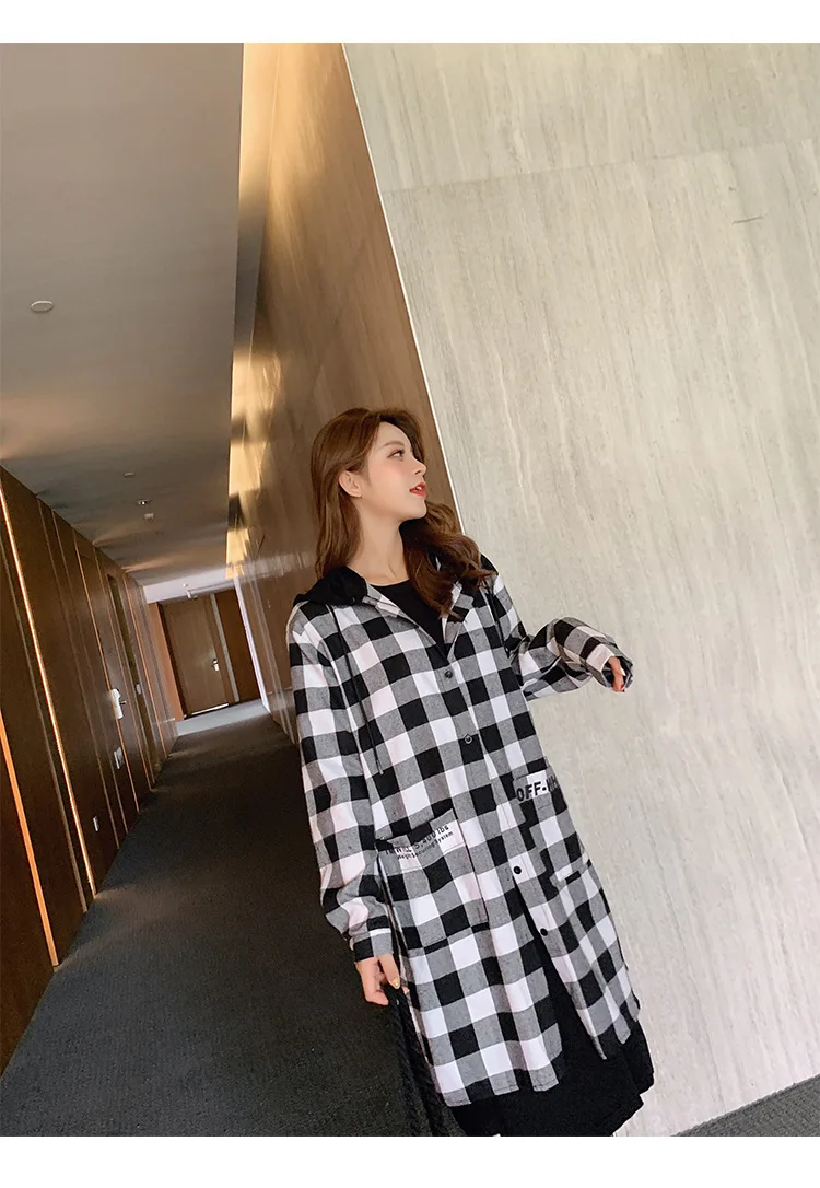 New Style CHIC Korean-Style Loose And Plus-sized Hooded Plaid Single-Breasted Mid-length Students Coat Women's F7415