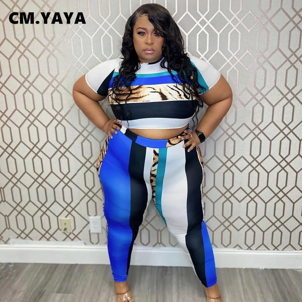 CM YAYA las mujeres de talla grande L-4XL estampado a rayas + jogger ribete traje de dos piezas conjunto de ropa deportiva de manga corta juego de conjunto