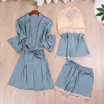 

Bride Bridesmaid Wedding Gown Satin Kimono Bathrobe Gown Lace Sleepwear For Women 3PCS Robe Set Mini Sexy Nightgown Negligee