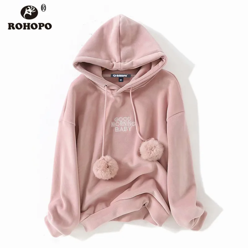 Розовый ROHOPO Winter/Autumn Velvet Warm Hoodies Front Embroidery Letter Hooded Collar Pink Black Pullover Tops Outwear Cute Girl#5257 - Цвет: Розовый