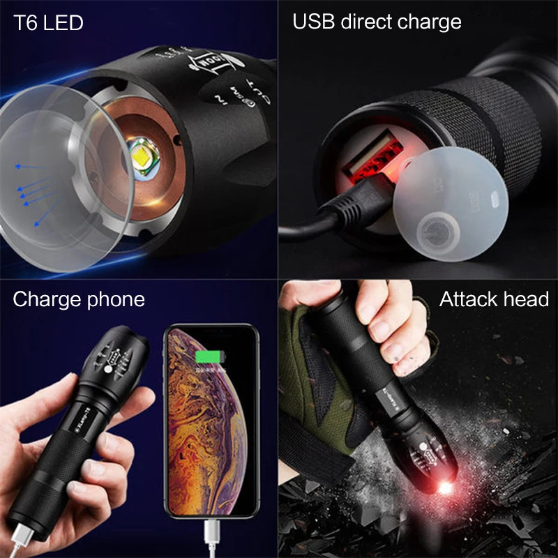 LSL LED Outdoor Waterproof Flashlight Portable USB Rechargeable T6 Tactical Hand Torch With Mobile Power for Camping Fishing