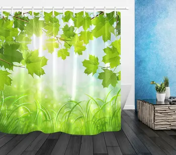 

Spring Sunshine Green Leaves Grass Shower Curtain Set & Hooks Bathroom Decor