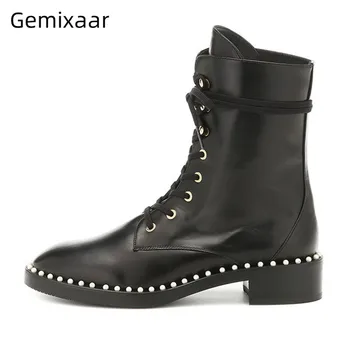 

Decor Pearls Woman Boots Round Toe Cross Lace Up Ankle Bottes Low Square Heel Botines Classic Short Martin Boots Mujer Fenimine