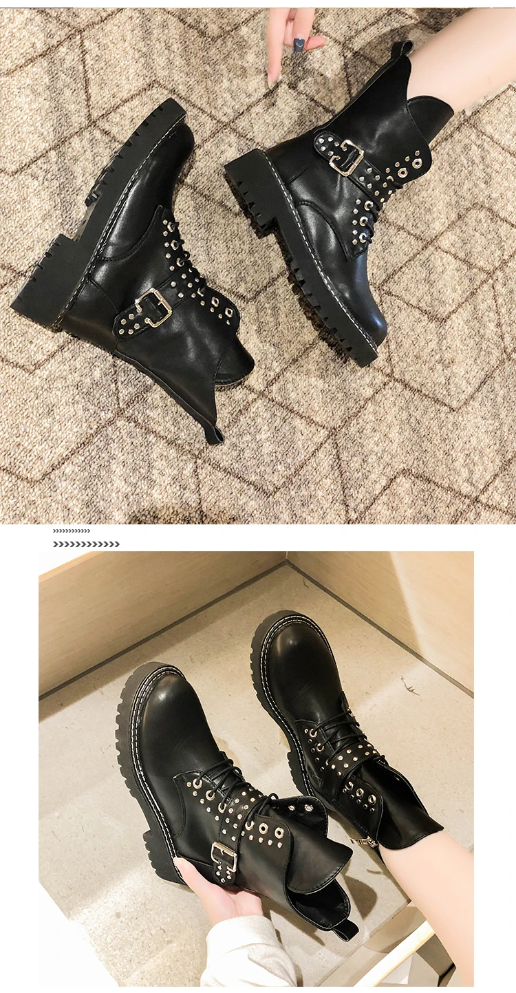 Ботинки Лолиты женские низкие ботинки с заклепками, на шнуровке, с круглым носком женские ботинки роскошного дизайна г. Зимние ботинки до середины икры в стиле рок