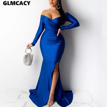 

Women Plus Size Off Shoulder Long Sleeve Slit Bodycon Dress Maxi Solid Chic Sexy & Club Formal Evenig Party Vestido