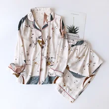 Primavera/verão 2020 novo 100% viscose calças de manga comprida senhoras pijamas terno estilo simples longo pijamas feminino serviço de casa