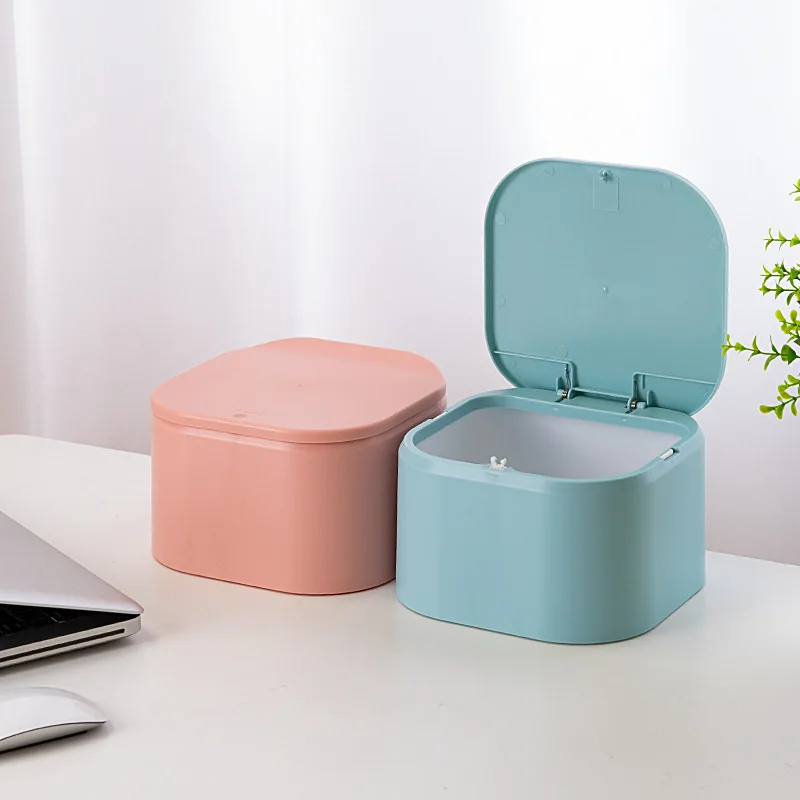 

Mini push-type trash can with lid storage box rubbish bin plastic paper basket household products for Office desk organizer