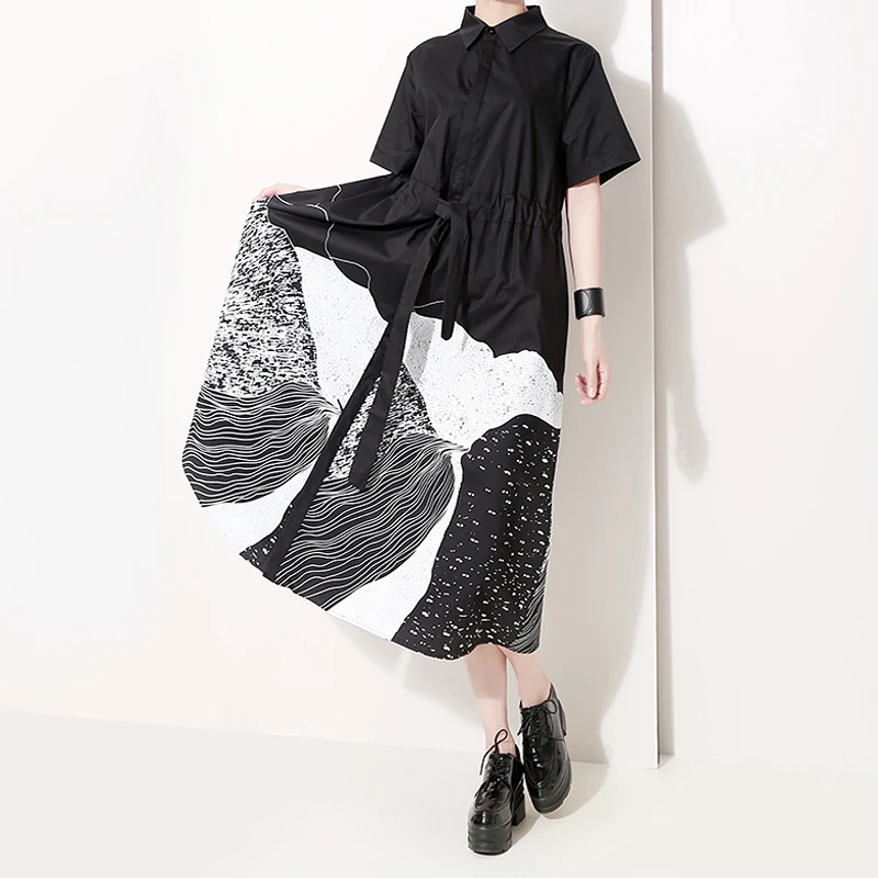 Новинка корейский стиль женское летнее Черное длинное платье рубашка с рисунком
