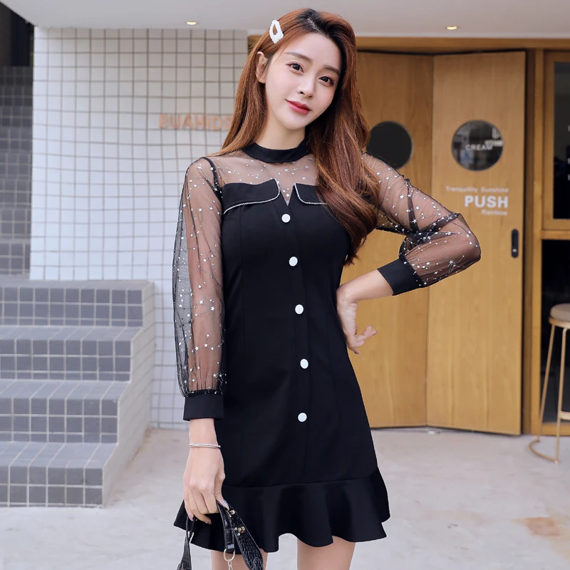 

Patchwork Women dress New Spring Mesh Dresses Black 8052