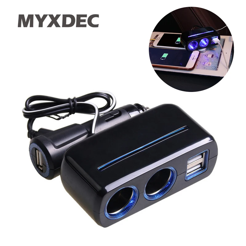 

Triple 1 to 2 Socket + 3 USB Power Supply Car Charger with blue light Auto Vehicle Adapter Accessory DC12V