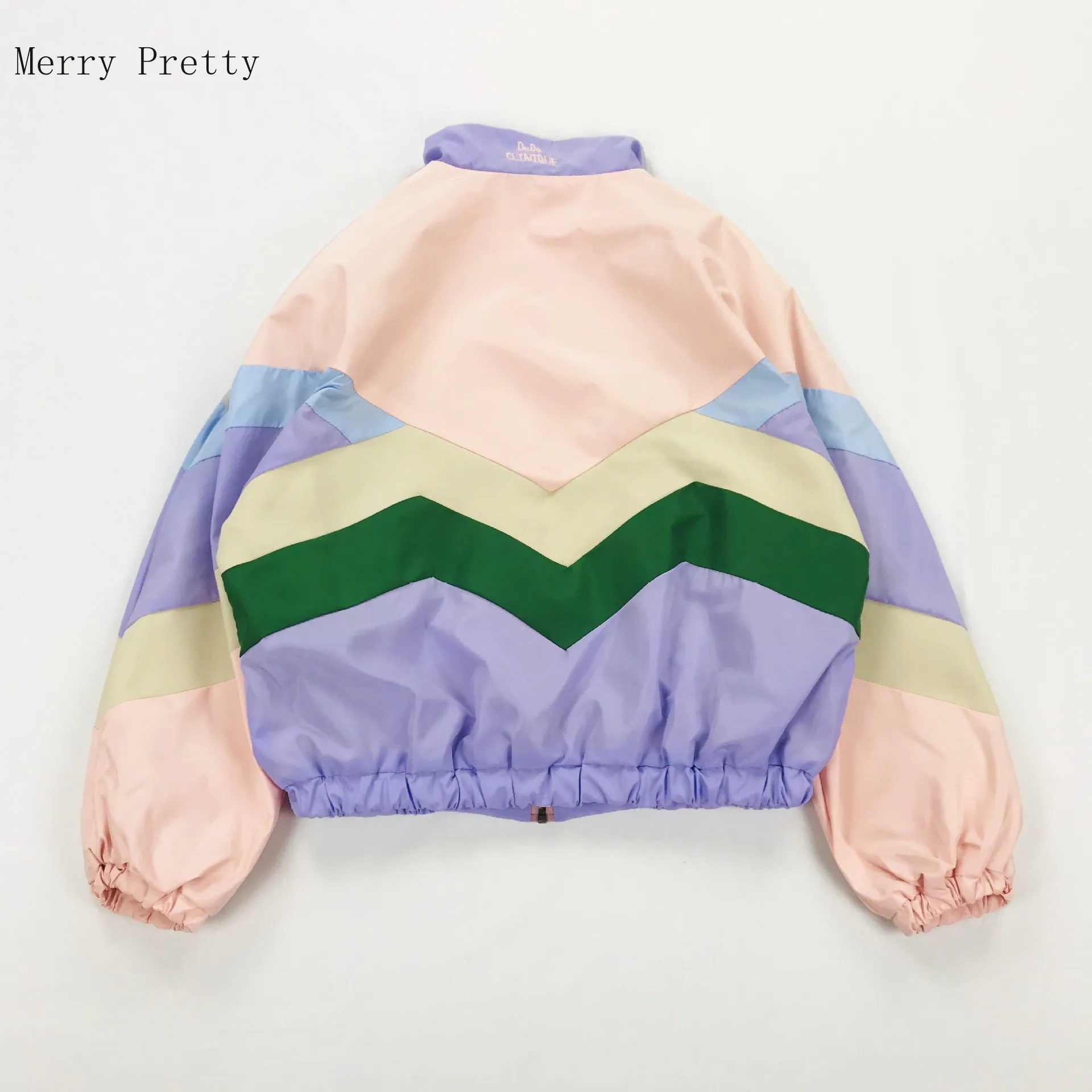Harajuku Style Women Pastel Bomber Jacket Cute Embroidery Color Block
