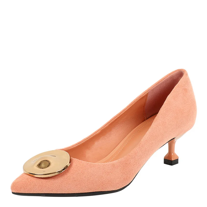 

2788-2 Work Semi-high Heeled Shallow Mouth Pointed Shoes Women's 2019 New Style Spring WOMEN'S Suede Shoes-Style Contrast Color