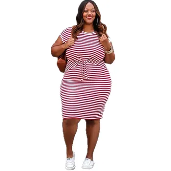 

Women's Plus Size Dress Round Neck Short Sleeve Summer Dresses Red Striped Casual OL Dress Preppy Wholesale Drop Shipping