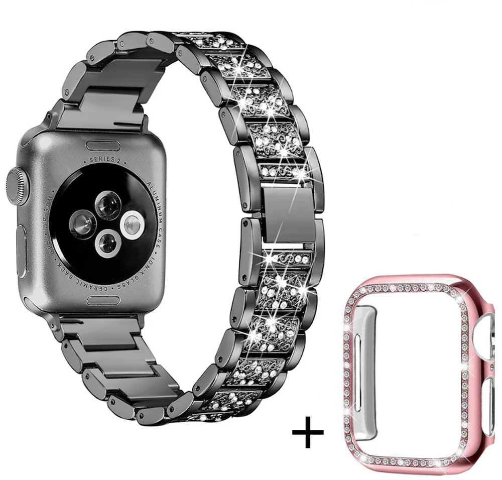 Black-pink case Ремешок со стразами+ чехол для Apple Watch 38 мм 42 мм металлические стразы сменный Браслет для женщин iWatch 40 мм 44 мм серия 5 4 - Цвет ремешка: Black-pink case