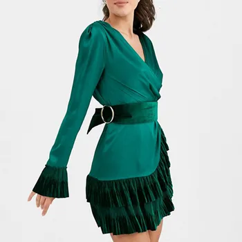 

Elegant Patchwork Hit Color Dress For Women V Neck Long Sleeve High Waist Lace Up Dresses Female Autumn 2019 New