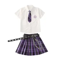 Criança do bebê da menina do verão 3 pçs conjunto jk uniforme camisa topos xadrez impressão plissado saia elástica casual crianças traje da escola outfits