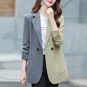 

Streetwear Patchwork Women Blazer 2020 Spring Autumn Color Block Double Breasted Pockets Girls Blazers Female Suit