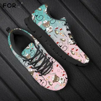 

FORUDESIGNS Green Pink Gradient Cartoon Nurse Bear Pattern Shoes Woman Brand Designer Female Spring/Autumn Sneakers Nursing Shoe