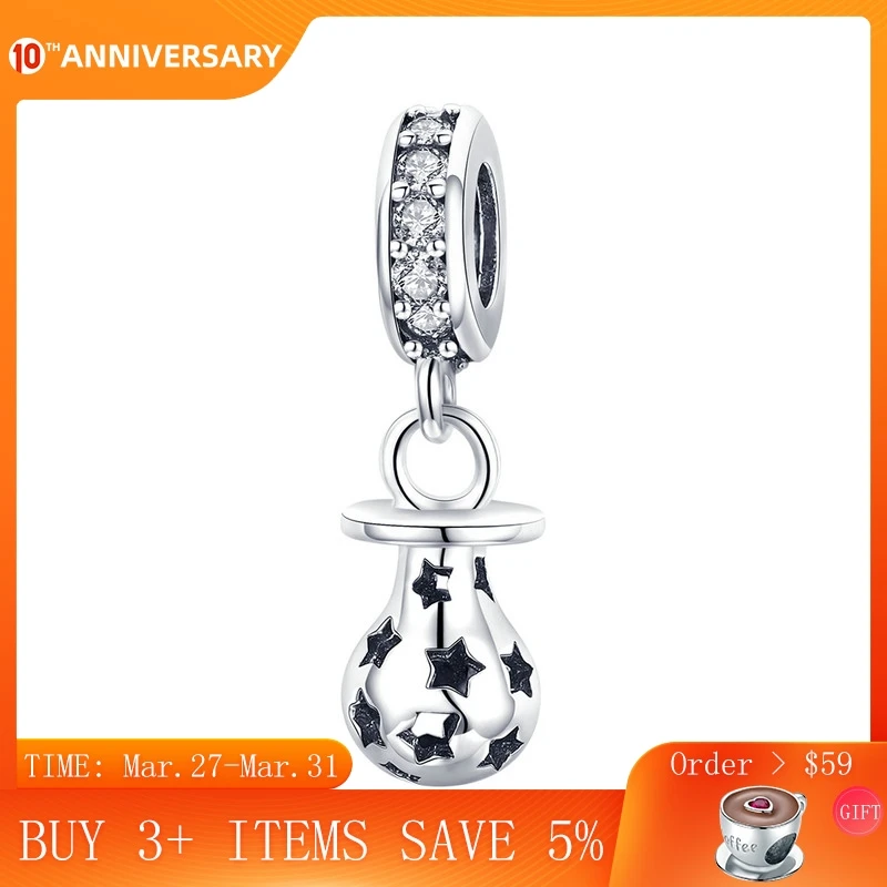 

CodeMonkey New Arrival 925 Sterling Silver Baby Pacifier And Star Engrave Pendant Charms fit Women Bracelets DIY Jewelry CMC891