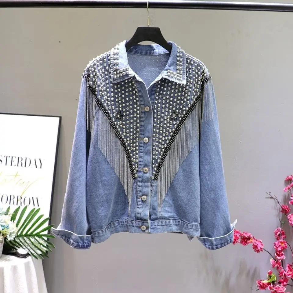 

Denim jacket female spring and autumn black and blue tassel heavy craftsmanship diamond studded long-sleeved loose jacket women