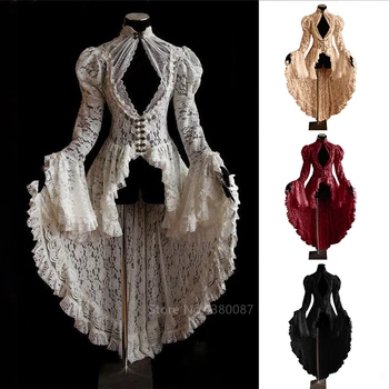 

Medieval Dress Retro Lace Princess V Neck Lotus Sleeve Long Skirt Cosplay Renaissance Costumes Halloween Carnival Party for Lady