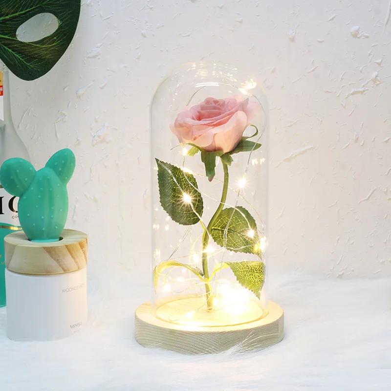 1PC Artificial Red Rose In A Glass Dome On A Wooden Base For Valentine's Gifts LED Rose Lamps Party Decoration Christmas Gitfs - Цвет: B8135E