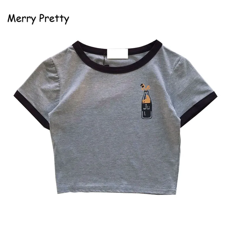 

Merry Pretty Harajuku Summer O Neck Sexy Crop Top Girl Short Sleeve T Shirt Bottle Cup Letters Printed Short T-shirt Sweet Tops