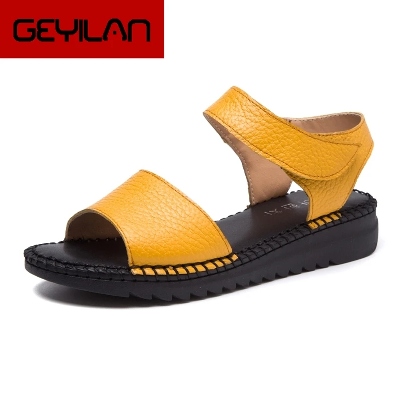 

2019 New Arrival Open Toe Women Sandals Summer Handmade Retro Soft Genuine Leather Women Flat Sandals Hook&Loop Shoes