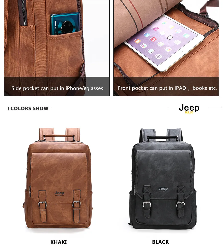 JEEP BULUO Men 15.6" Laptop School Bag Men Leather Backpacks Travel Multi Male Mochila Military camouflage style