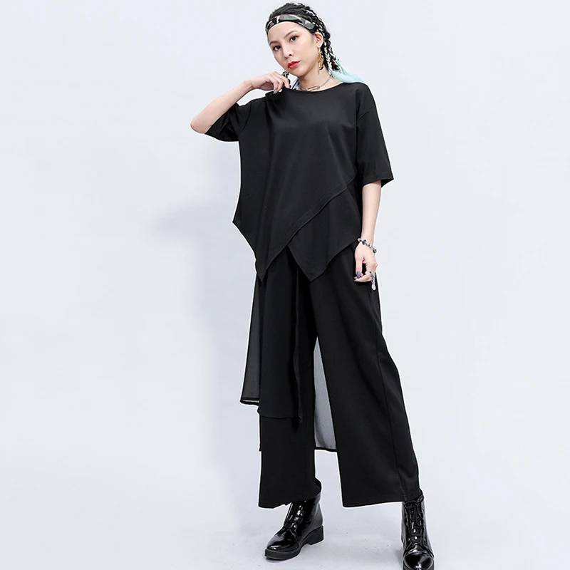 [EAM] Women Black Irregular Big Size T-shirt New Round Neck Three-quarter Sleeve  Fashion Tide  Spring Summer 2020 1Z356