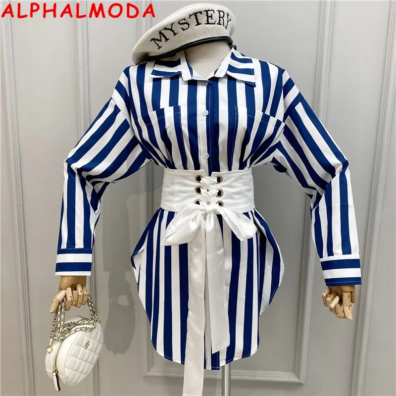 Женская рубашка в полоску ALPHALMODA с отложным воротником и длинными рукавами на