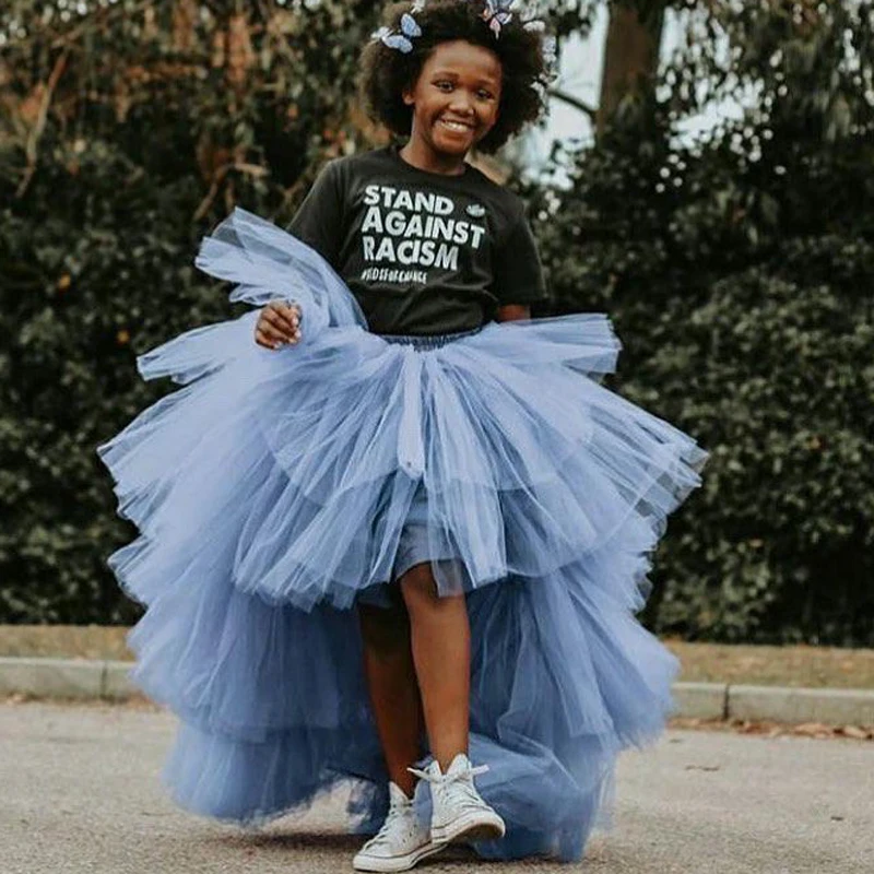 

Fashion Ruffled Tulle Tutu Kids Skirt High Low Tiered Child Wedding Party Skirts Mommy and Me Birthday Party Dress Photoshoot