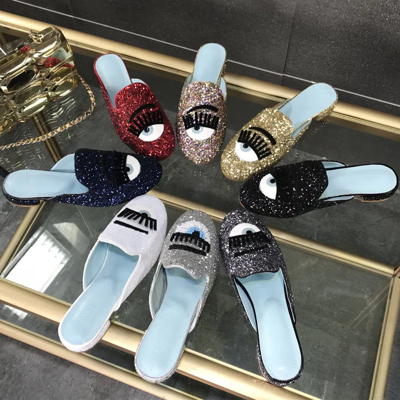 Для глаз и губ ресницы с блестками SlippersSequins шлепанцы на плоской подошве женская обувь тапки Пляжная Летняя обувь круглый носок Туфли без каблуков осень домашняя обувь