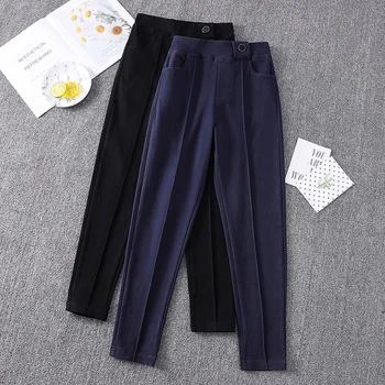 

2020 Pants Women High Waist Plus Size Slim Loose Elastic Buttons Splicing Full Length Dark Blue Black Pencil Pants 4XL 5XL B841