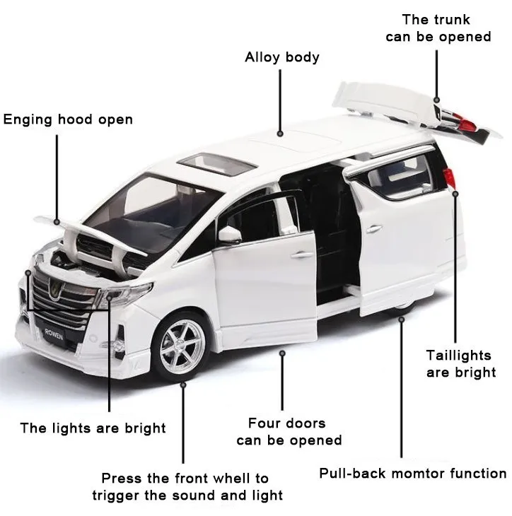 Модель автомобиля Toyota Elfa, игрушечный автомобиль-няня, Черный игрушечный автомобиль, светильник с функцией оттягивания, модифицированный автомобиль, 6 дверей, можно открыть