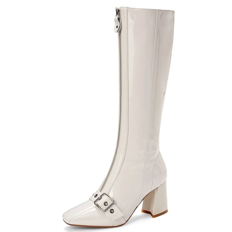 

Zipper Knee High Boots Women White Buckle Square Toe Fashion Sexy Party High Heels Boots Women Thick Heel Winter Women Shoes