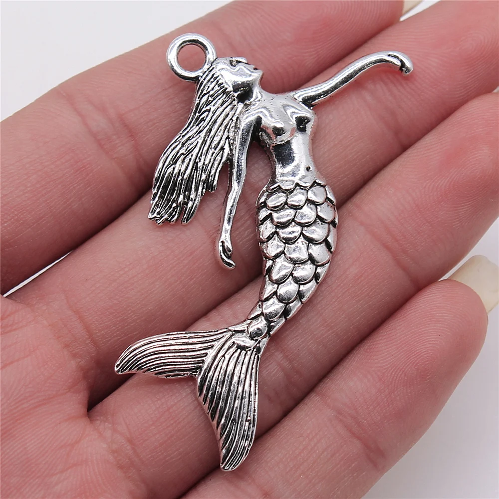 

WYSIWYG 2pcs/lot Mermaid Charms For Jewelry Making 50x57mm Antique Silver Color Jewelry Accessories