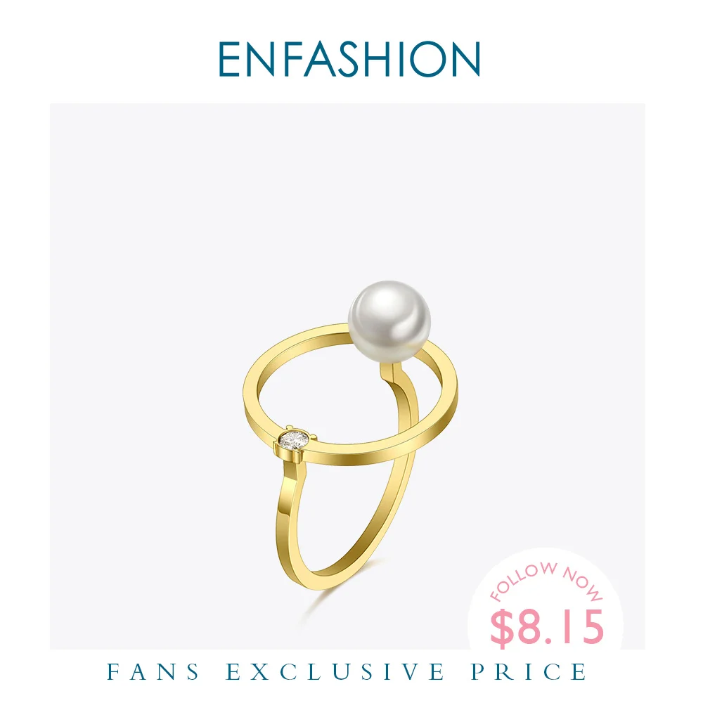 

ENFASHION Pearl Crystal Geometric Ring Gold Color Stainless Steel Cute Circle Finger Rings For Women Accessories Jewelry RB4009