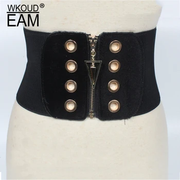 

WKOUD EAM 2020 New Fashion Waist Seal Women Elastic Band Elastic Metal Rings Wide Belt Female Streetwear Casual Corset Belt A35