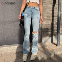 

FAKUNTN Jeans Women High Waist Denim Trousers Fashion Flared Pants Fit Slim Stretch Wide Leg Jeans Mom Ripped Jeans Streetwear