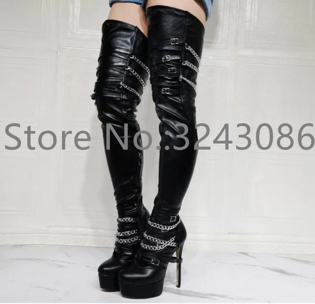 Black Leather Chains Decor Woman Thigh High Boots Fashion Buckle Strap Platform Long Boots Lady Sexy Banquet Shoes Dropship 1