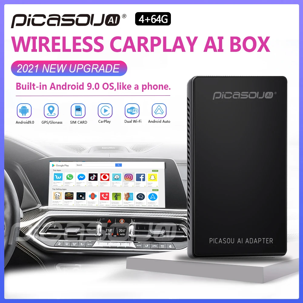 Carplay Ai Box Android Автомобильный мультимедийный плеер Новая версия 4 + 64G беспроводная