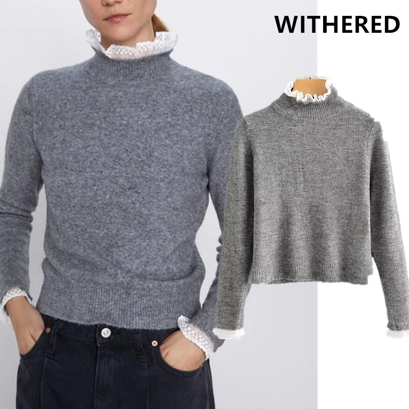 Withered england office lady elegant patchwork lace knitting sweater women pull femme pull femme nouveaute jersey mujer top