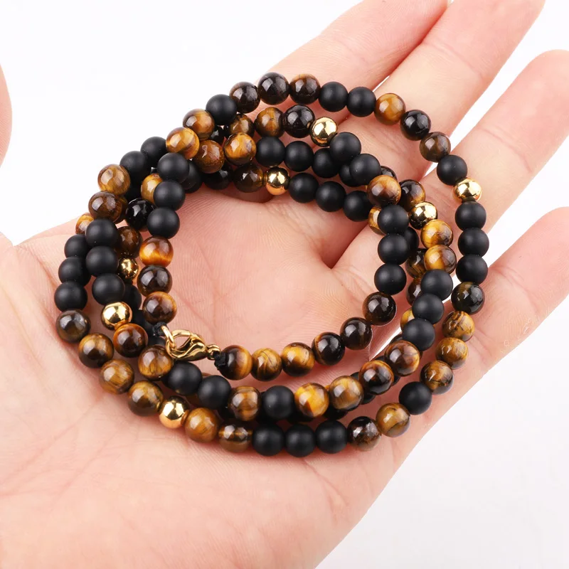 High Quality New Design Natural Stone Matte Onyx Brown Tiger Eye Stainless Steel Beads Men Long Necklace 30inches Jewelry Gift - Image 4